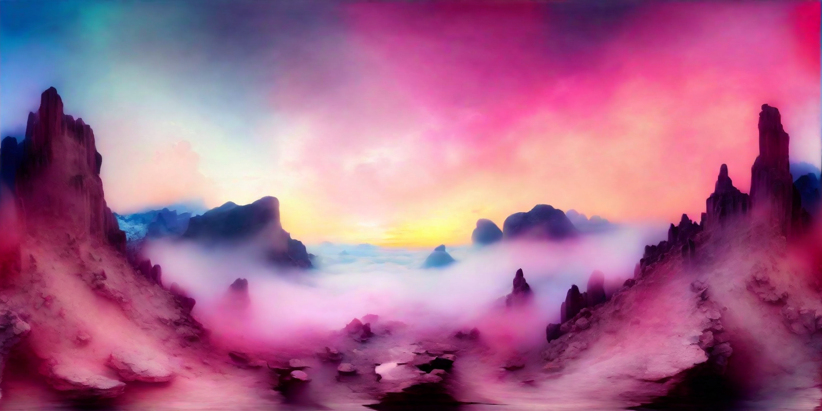 Pink and violet panoramic mountain landscape